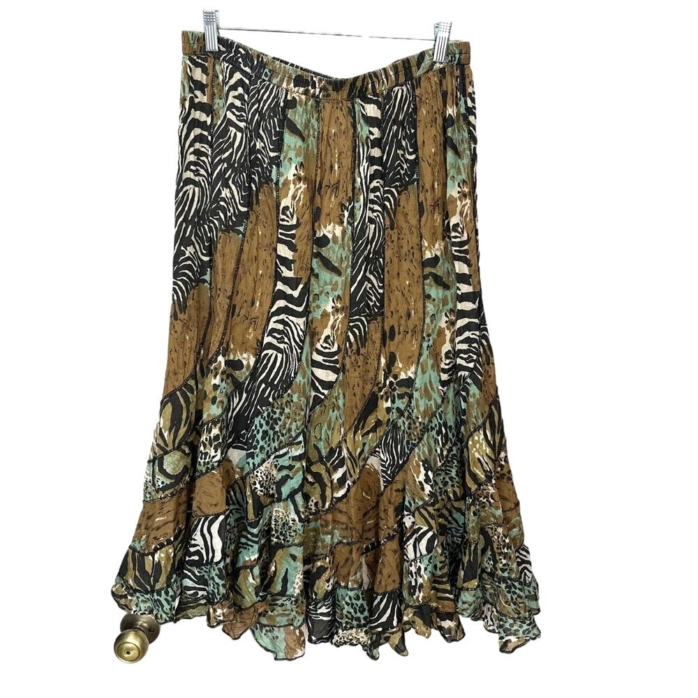 Bohemian Broomstick Skirt Animal Mixed Media Print Lined Womens 2X Artsy Folk‎